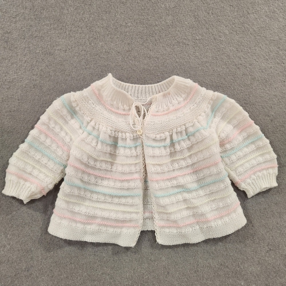 Vintage Rattles White Pastel Striped Knit Baby Cardigan Sweater Italy 3-6 Months